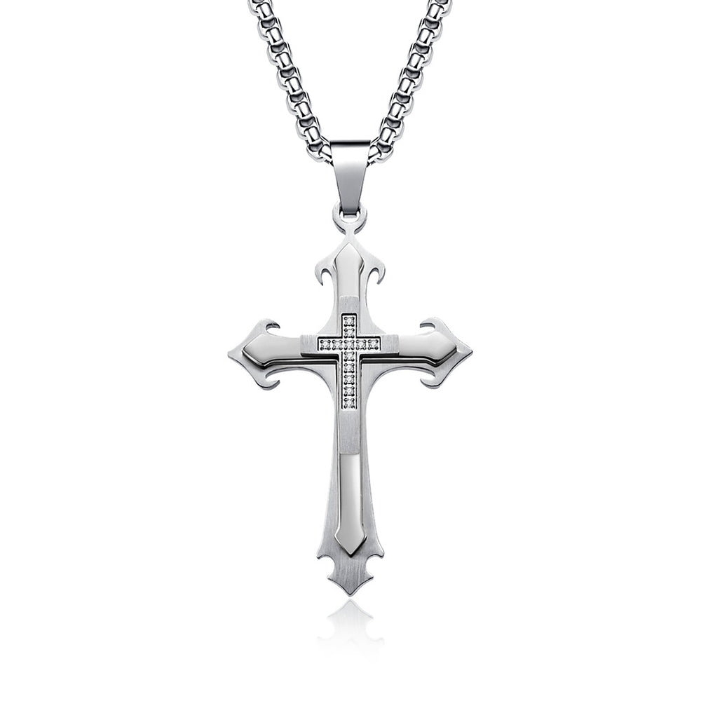Stainless Steel Two-Tone Cross Necklace with Zircon