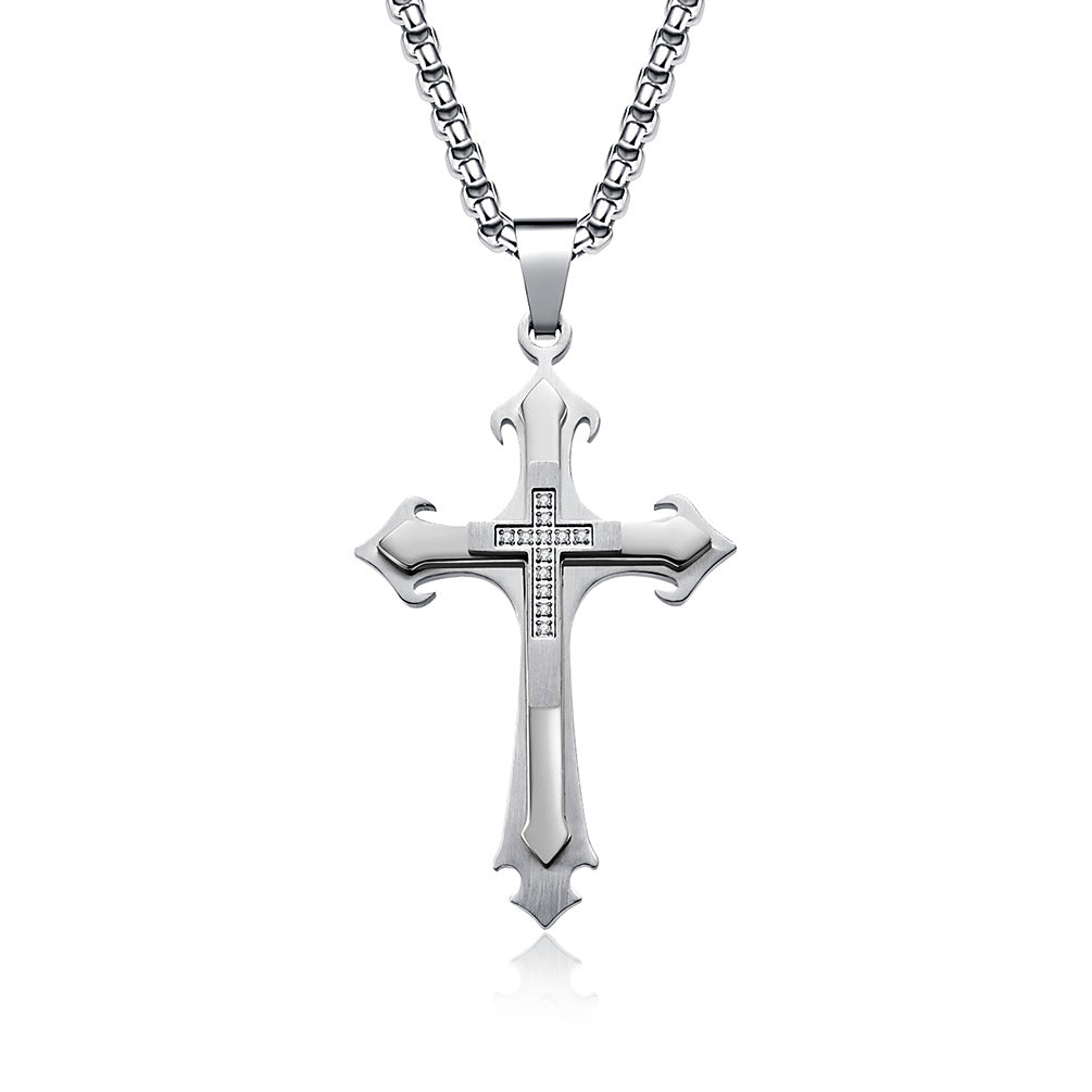 Stainless Steel Two-Tone Cross Necklace with Zircon