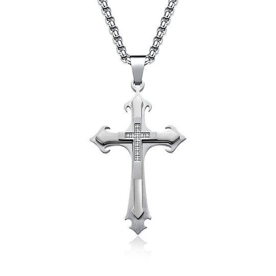 Stainless Steel Two-Tone Cross Necklace with Zircon