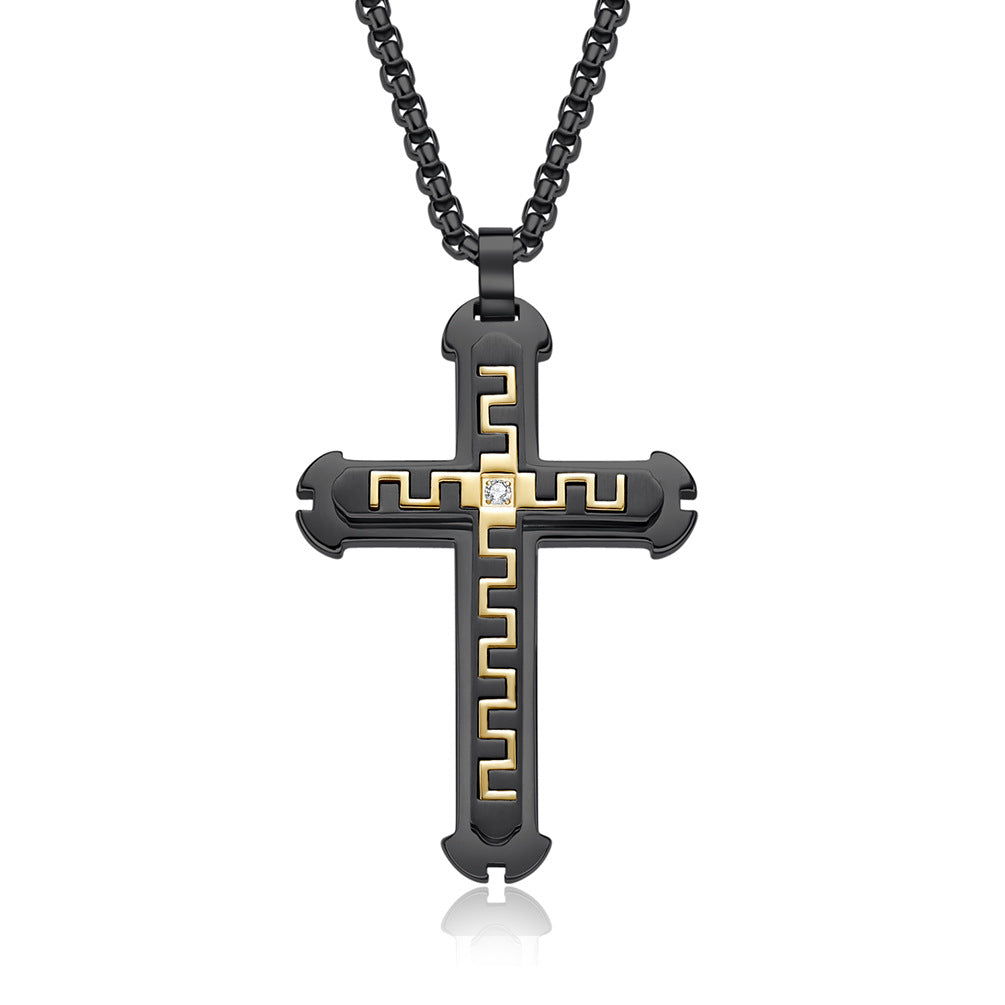 Stainless Steel Cross Pendant Necklace with Great Wall Pattern
