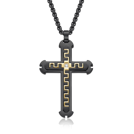 Stainless Steel Cross Pendant Necklace with Great Wall Pattern