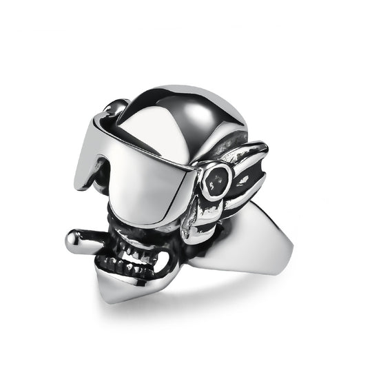 Stainless Steel Ring with Swingable Goggles and Cigar Skull Gothic Jewelry