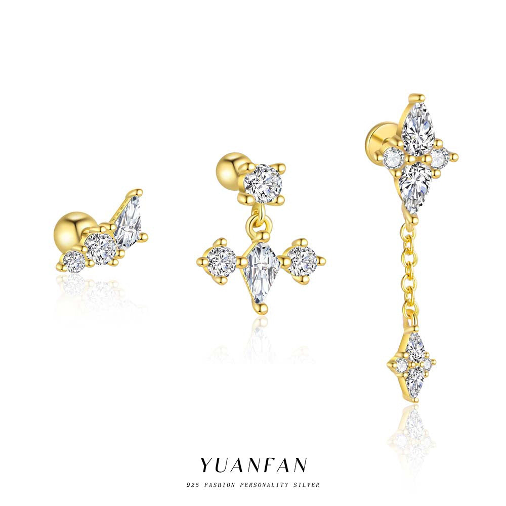 S925 Sterling Silver Geometric Diamond Design Stud Earrings for Women