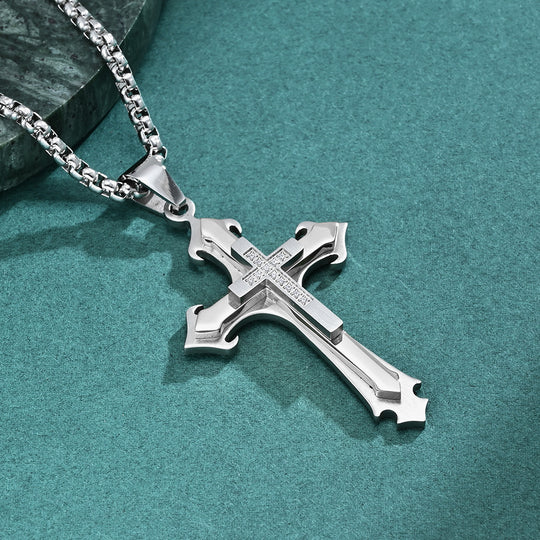 Stainless Steel Two-Tone Cross Necklace with Zircon