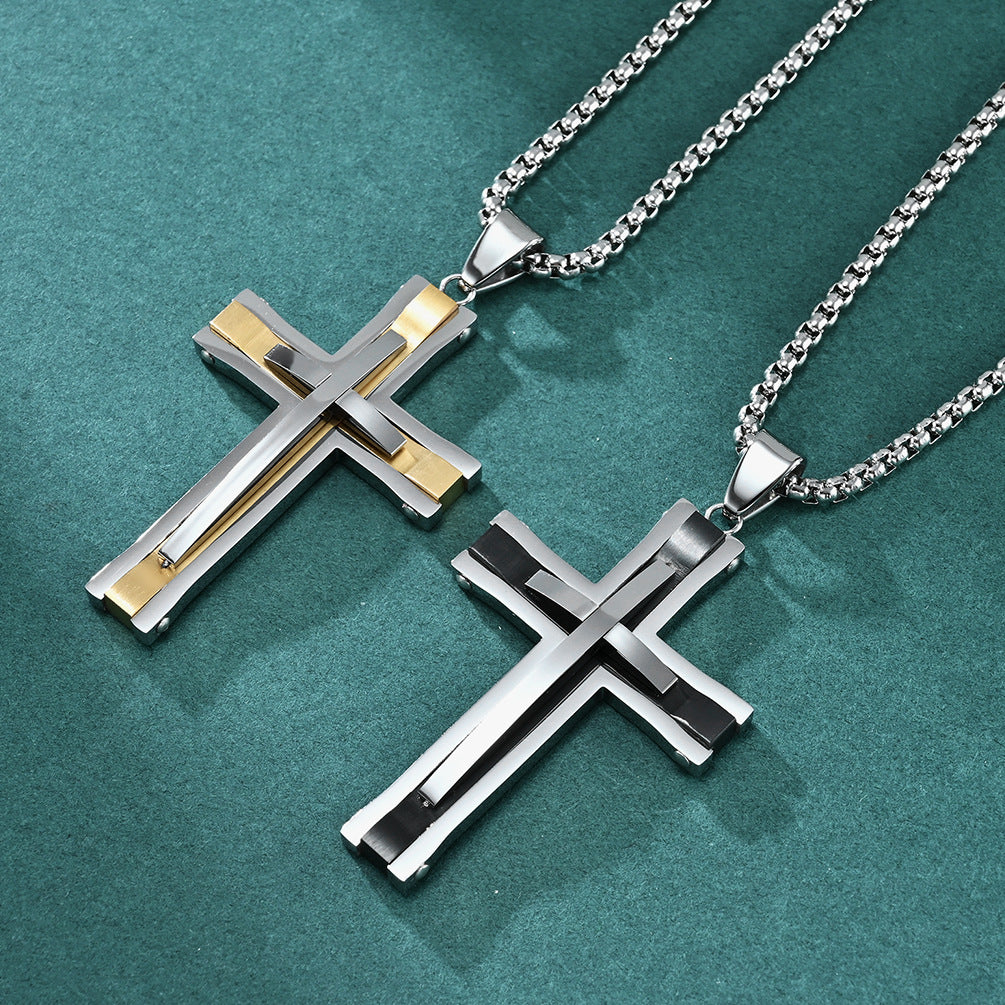 Two-Tone Riveted Stainless Steel Cross Pendant Necklace