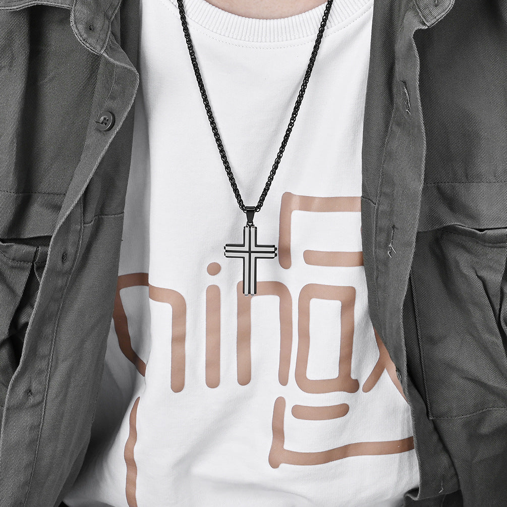 Stainless Steel Two-Tone Cross Pendant with Slanted Edges