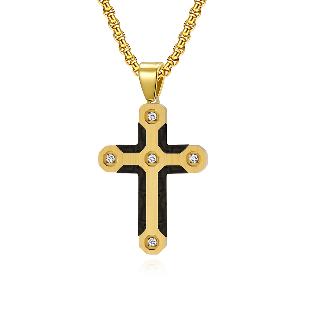 Puzzle Camo Style Stainless Steel Cross Pendant Necklace with Diamonds
