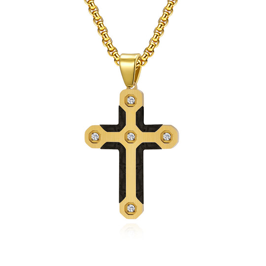 Puzzle Camo Style Stainless Steel Cross Pendant Necklace with Diamonds