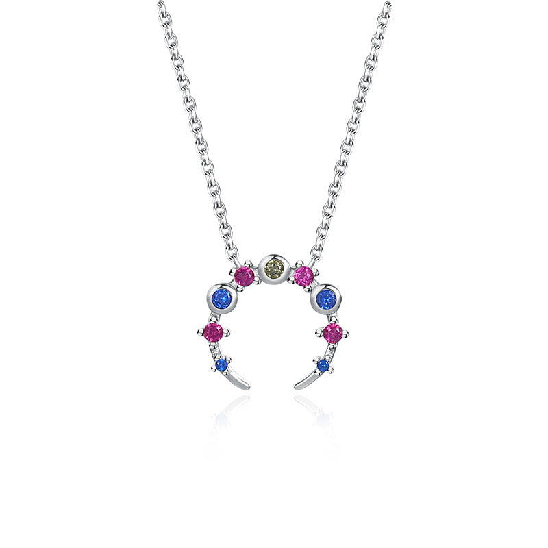 925 Sterling Silver Colorful Zirconia Moon Necklace for Women