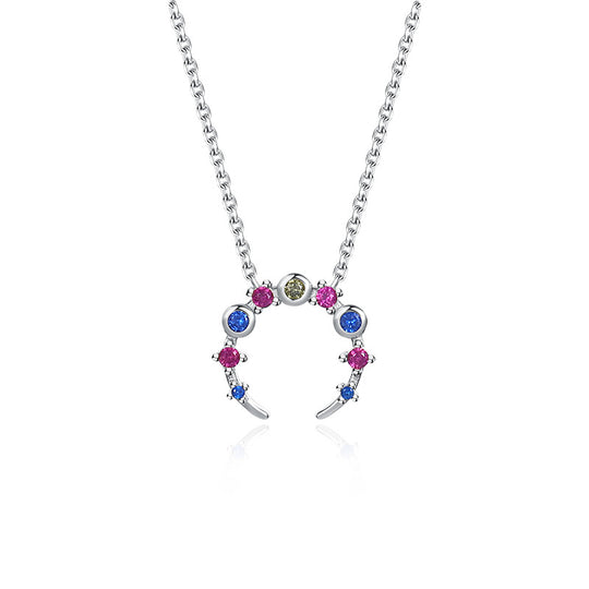 925 Sterling Silver Colorful Zirconia Moon Necklace for Women