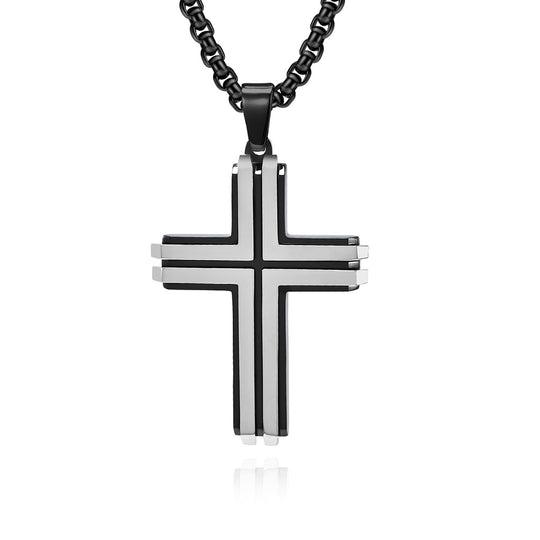 Stainless Steel Two-Tone Cross Pendant with Slanted Edges