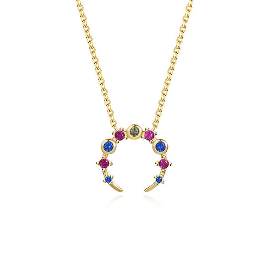 925 Sterling Silver Colorful Zirconia Moon Necklace for Women