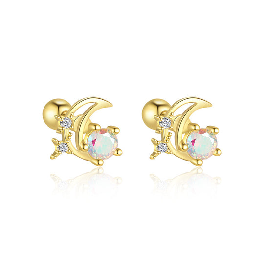 S925 Sterling Silver Star and Moon Zirconia Round Head Earrings Set for Women