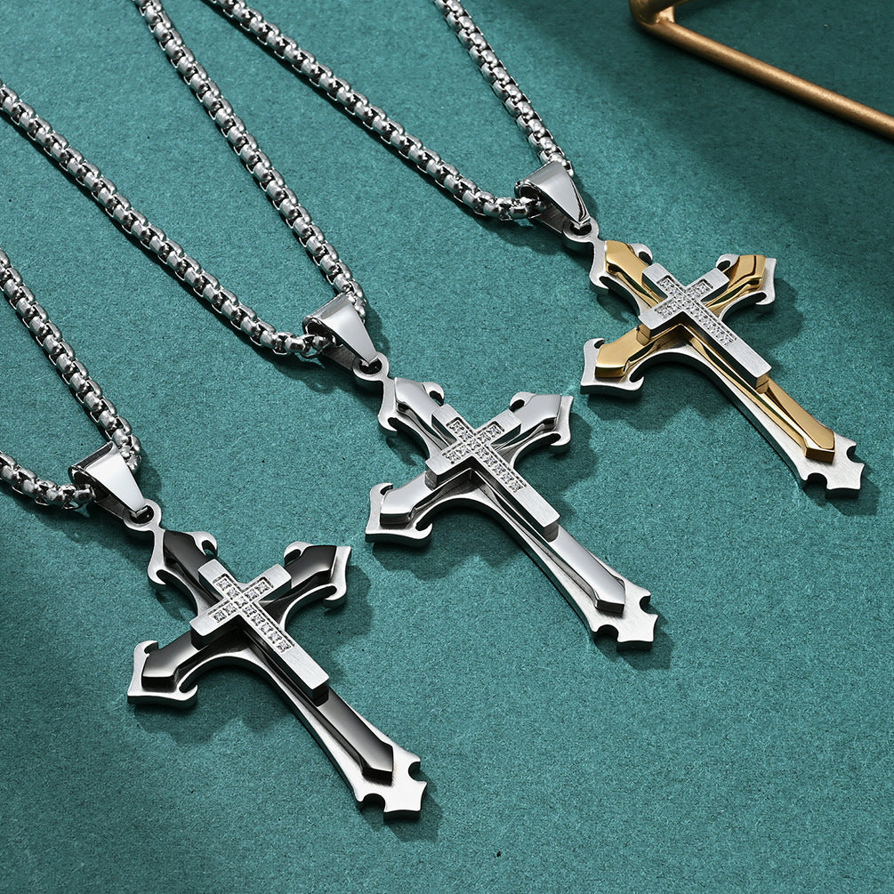 Stainless Steel Two-Tone Cross Necklace with Zircon