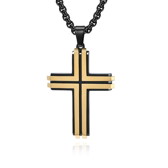 Stainless Steel Two-Tone Cross Pendant with Slanted Edges