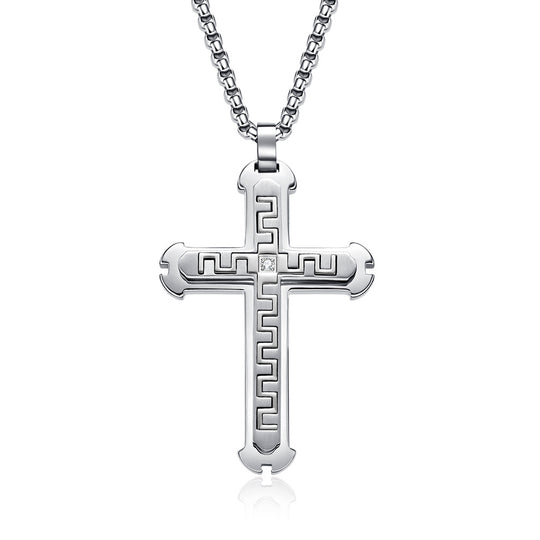 Stainless Steel Cross Pendant Necklace with Great Wall Pattern