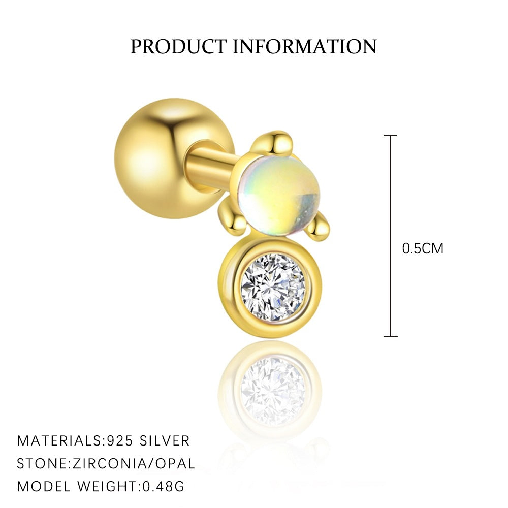 S925 Sterling Silver Star and Moon Zirconia Round Head Earrings Set for Women