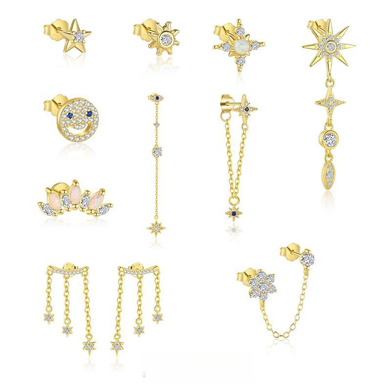 S925 Sterling Silver Star Tassel Diamond Stud Earrings Female