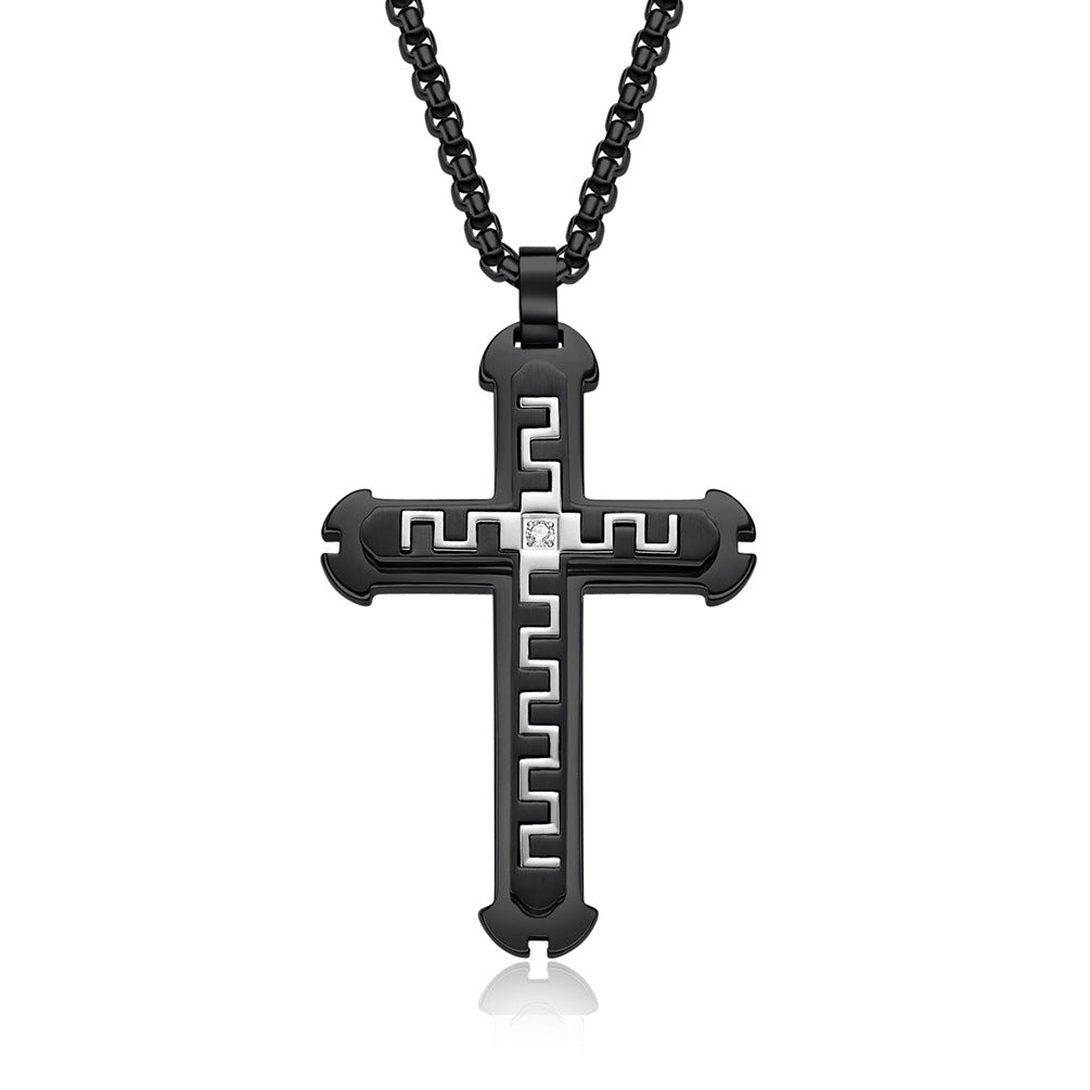Stainless Steel Cross Pendant Necklace with Great Wall Pattern