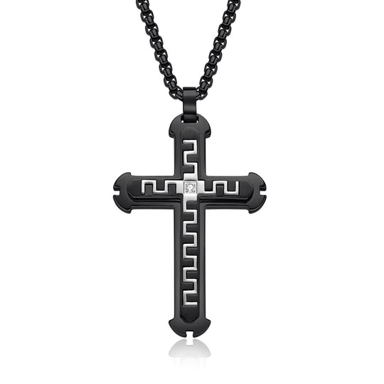 Stainless Steel Cross Pendant Necklace with Great Wall Pattern