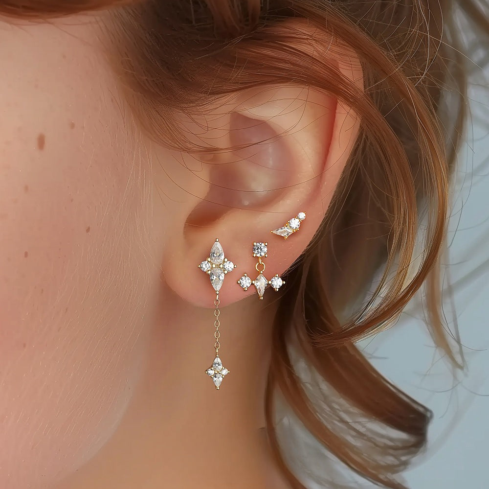 S925 Sterling Silver Geometric Diamond Design Stud Earrings for Women