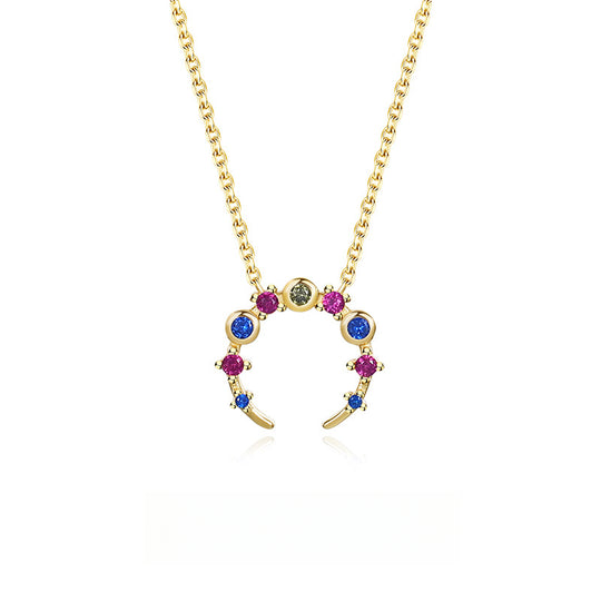 925 Sterling Silver Colorful Zirconia Moon Necklace for Women