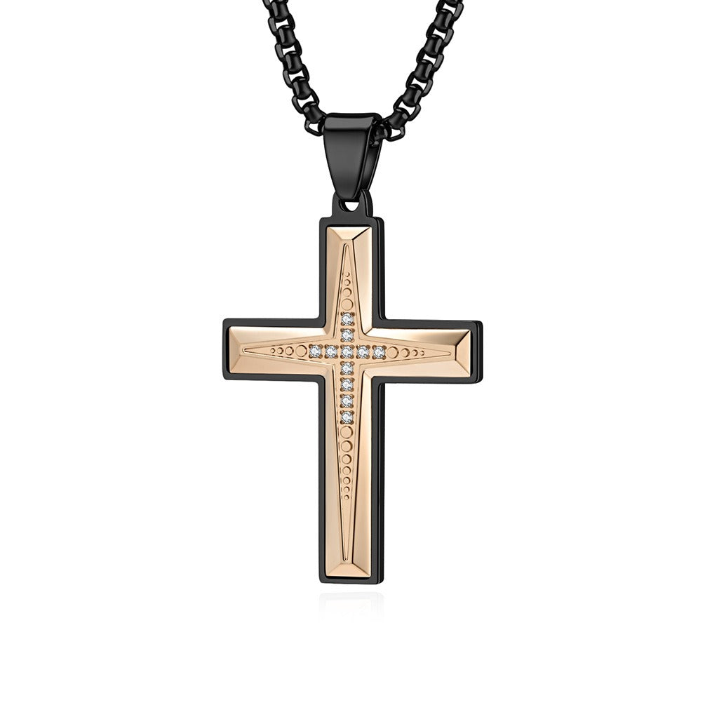 Two-Tone Plated Stainless Steel Zircon Cross Pendant Necklace