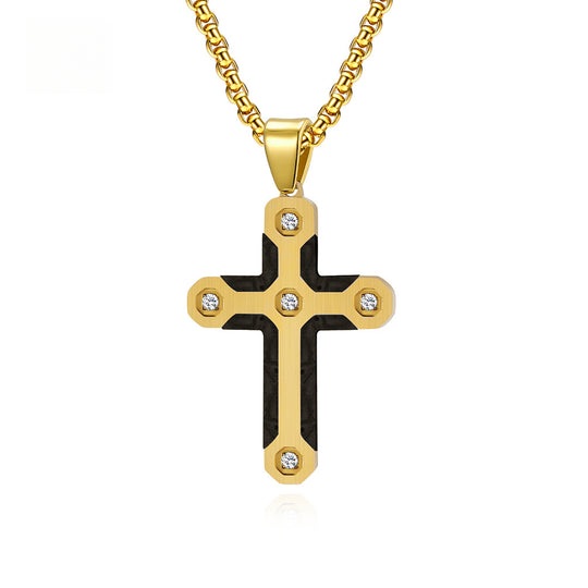 Puzzle Camo Style Stainless Steel Cross Pendant Necklace with Diamonds