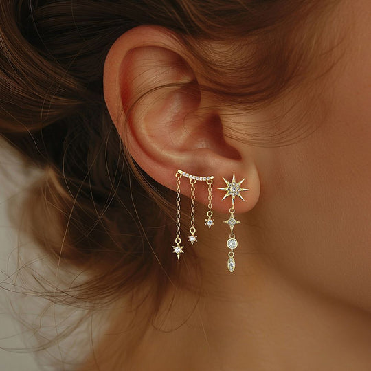 S925 Sterling Silver Star Tassel Diamond Stud Earrings Female