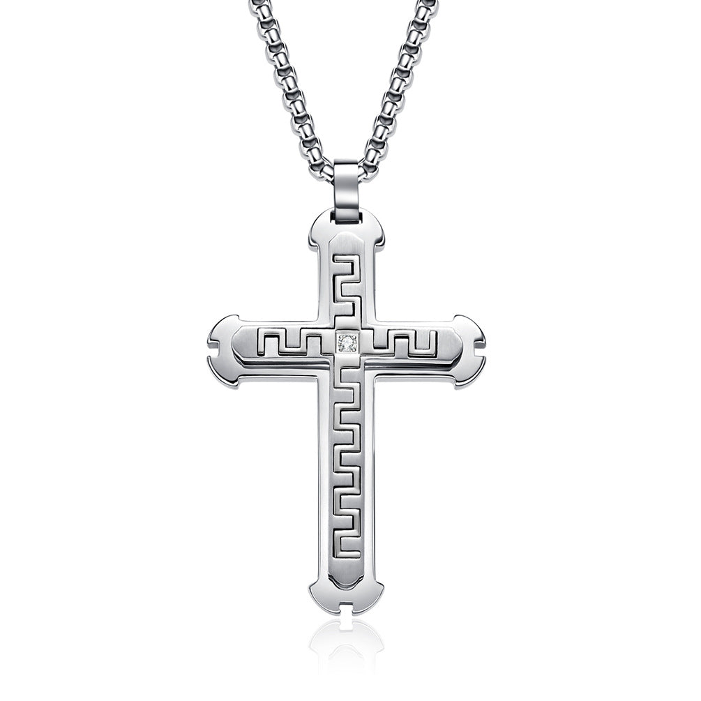 Stainless Steel Cross Pendant Necklace with Great Wall Pattern
