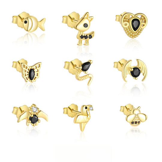 S925 Sterling Silver Animal Black Zirconia Personalized Earrings For Women