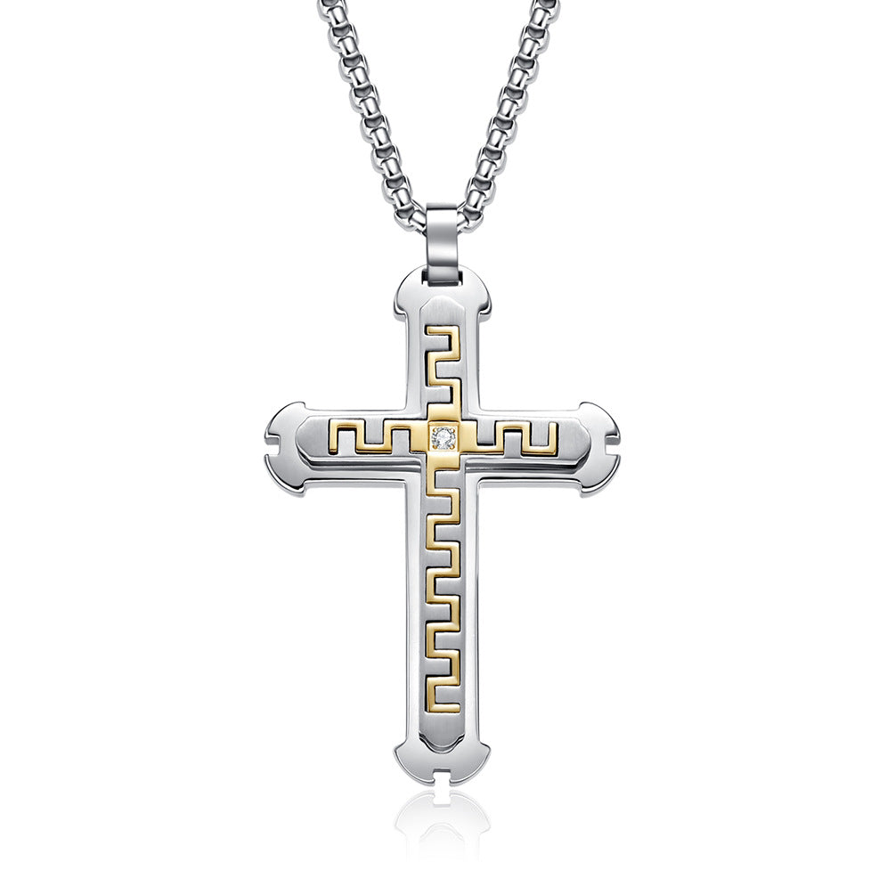 Stainless Steel Cross Pendant Necklace with Great Wall Pattern