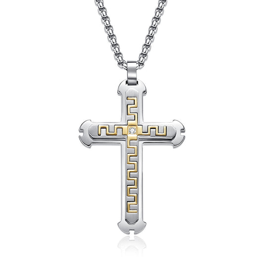 Stainless Steel Cross Pendant Necklace with Great Wall Pattern